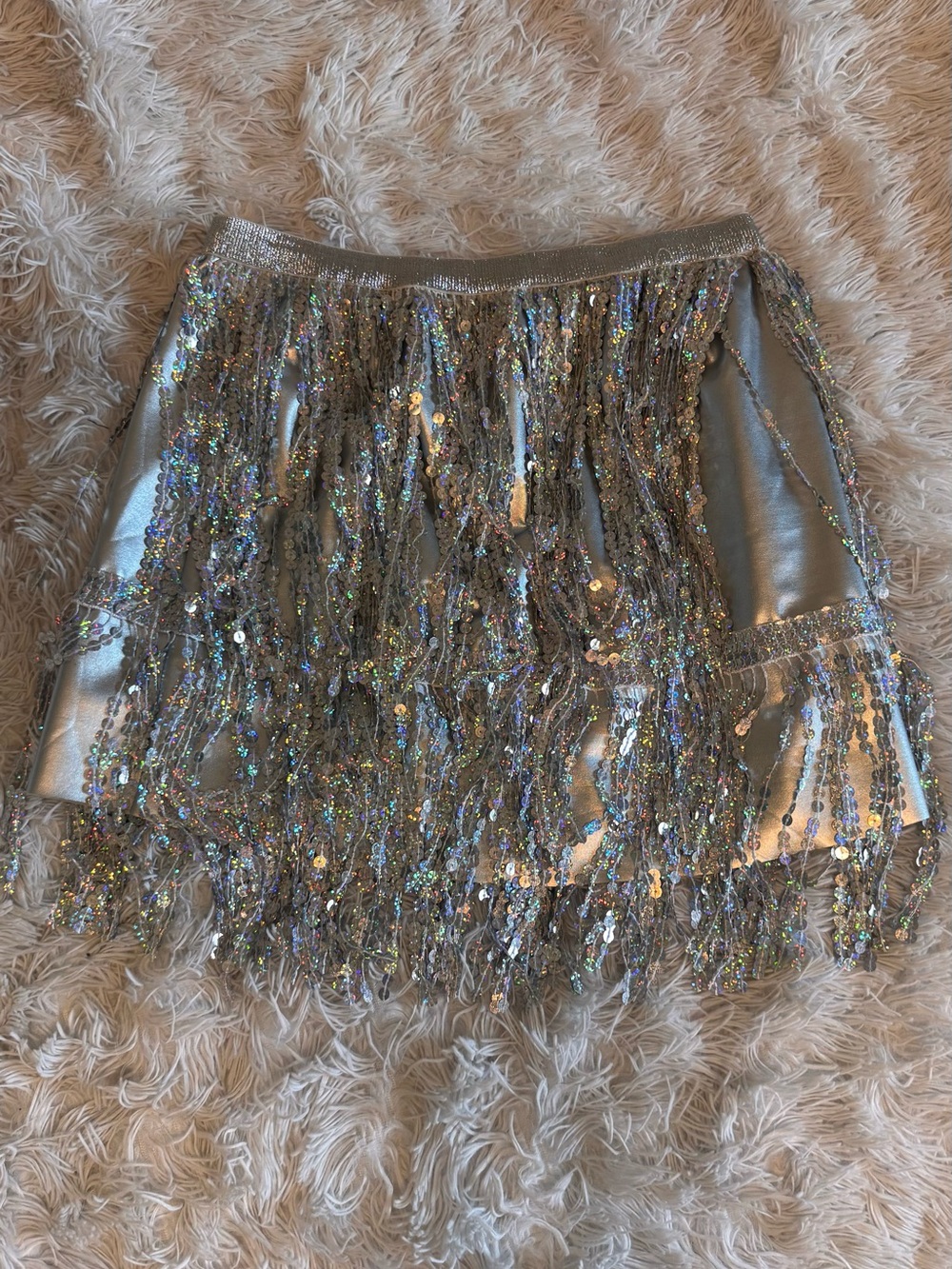Amazon Silver Sequin Fringe Mini Skirt